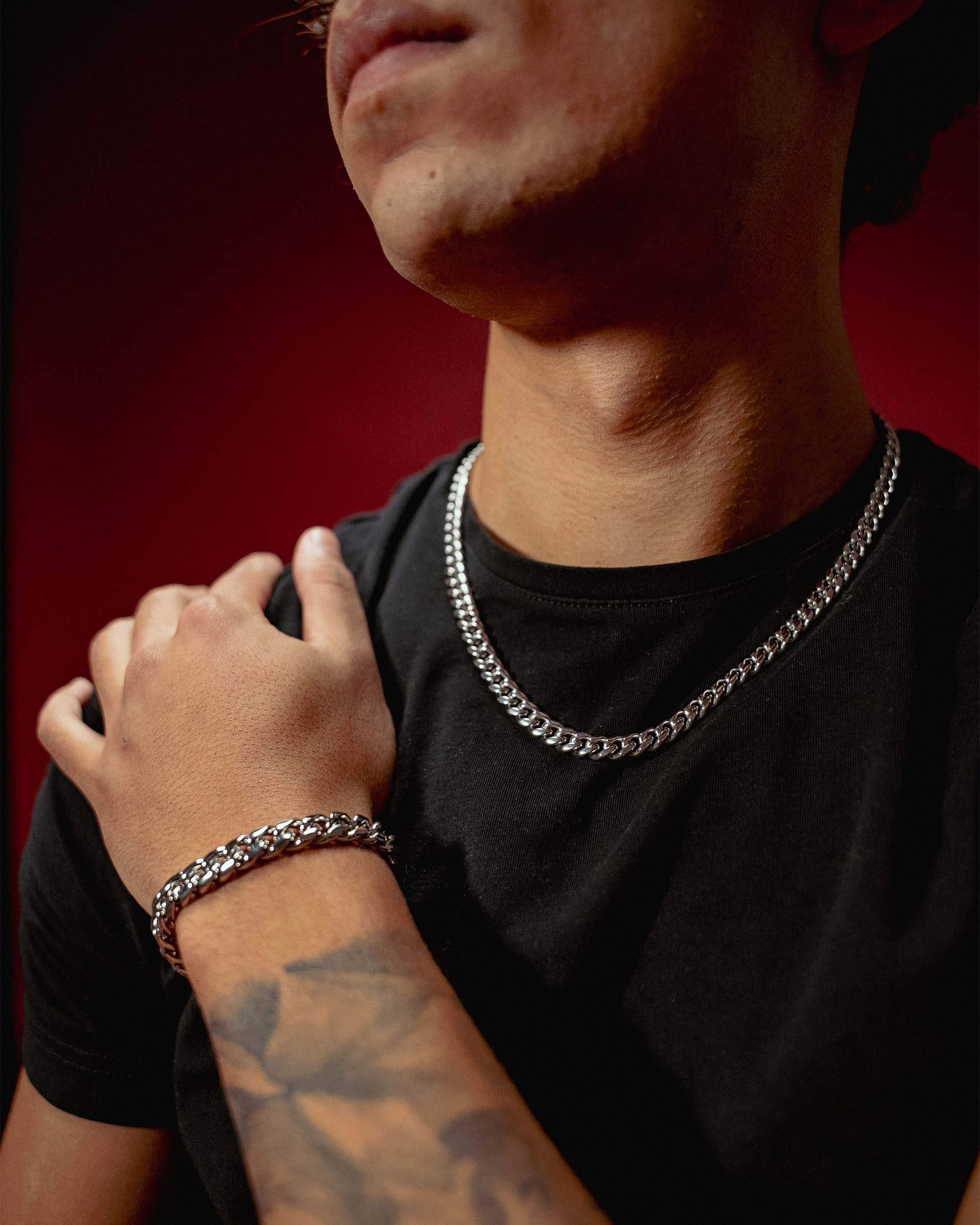 10MM Cuban Link Chain and Bracelet Bundle Silver (view 3 of 5)