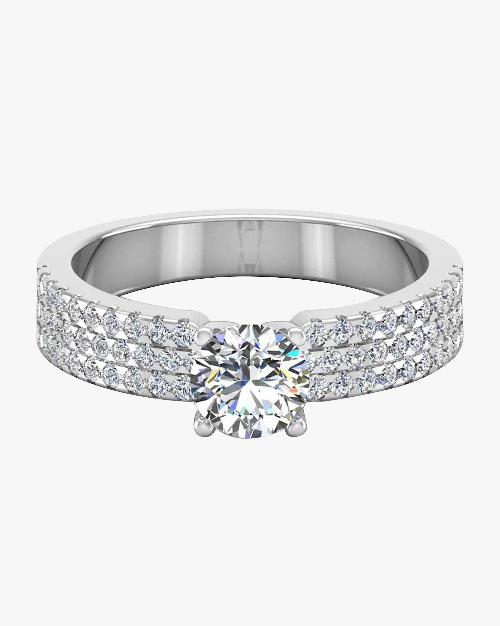 3-Row Round Cut Prong Moissanite Engagement Ring - in 14k gold (view 2 of 7)