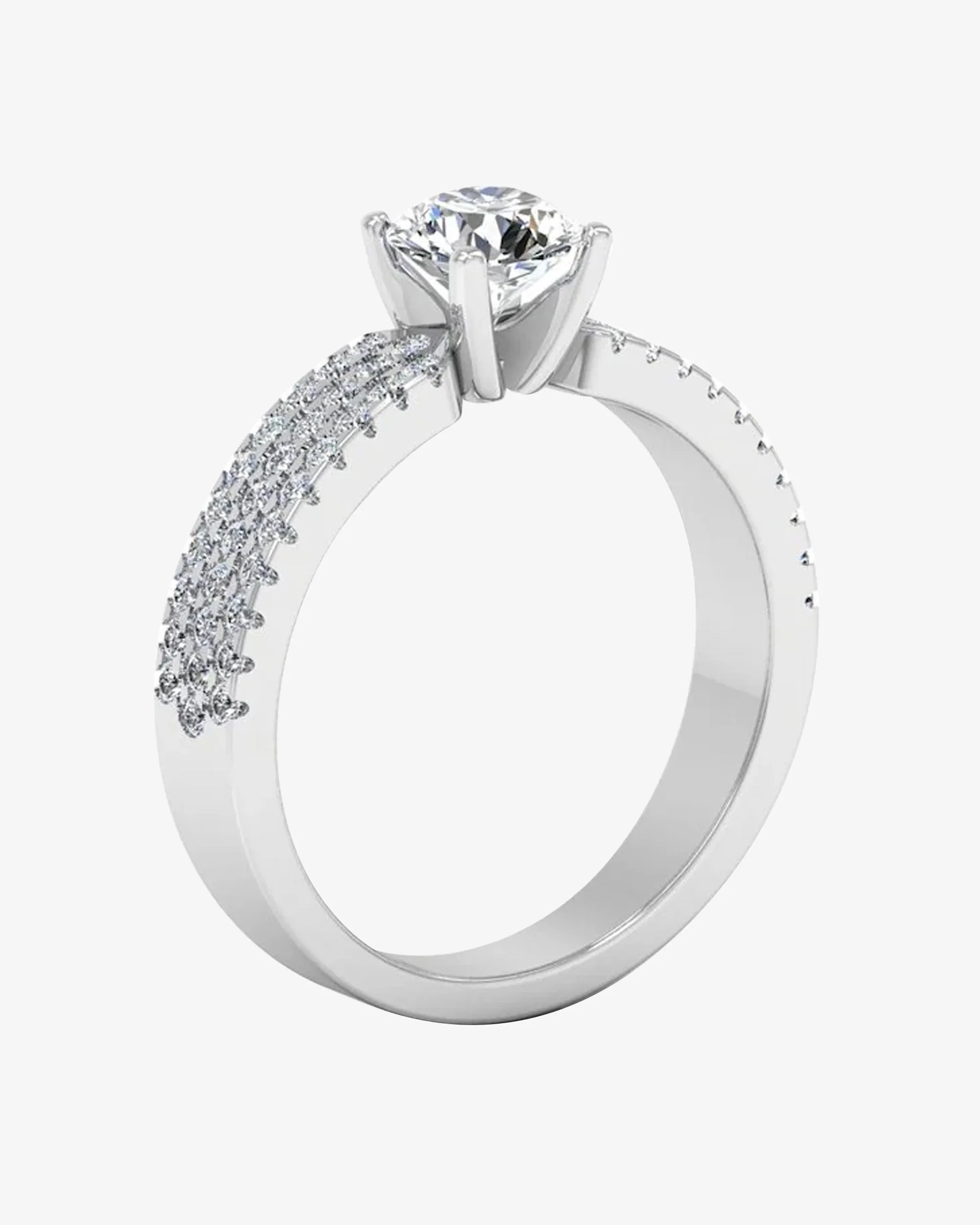 3-Row Round Cut Prong Moissanite Engagement Ring - in 14k gold (view 3 of 7)