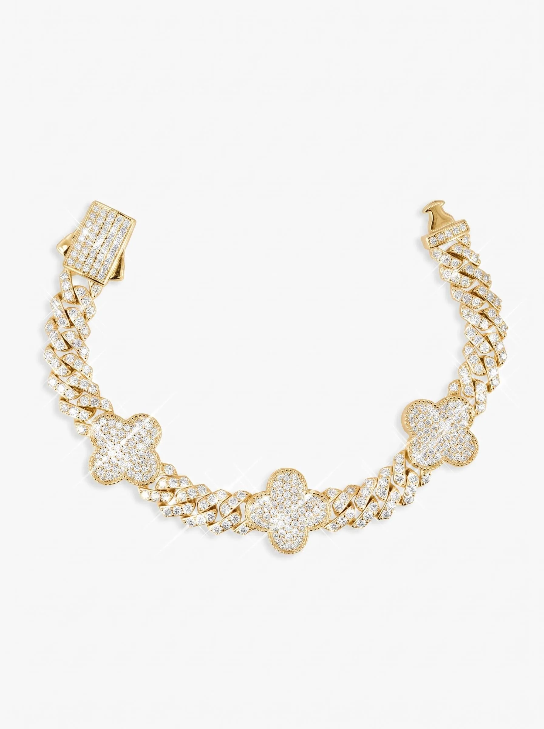 8MM Four Leaf Moissanite Cuban Link Bracelet 14K Gold (view 5 of 12)