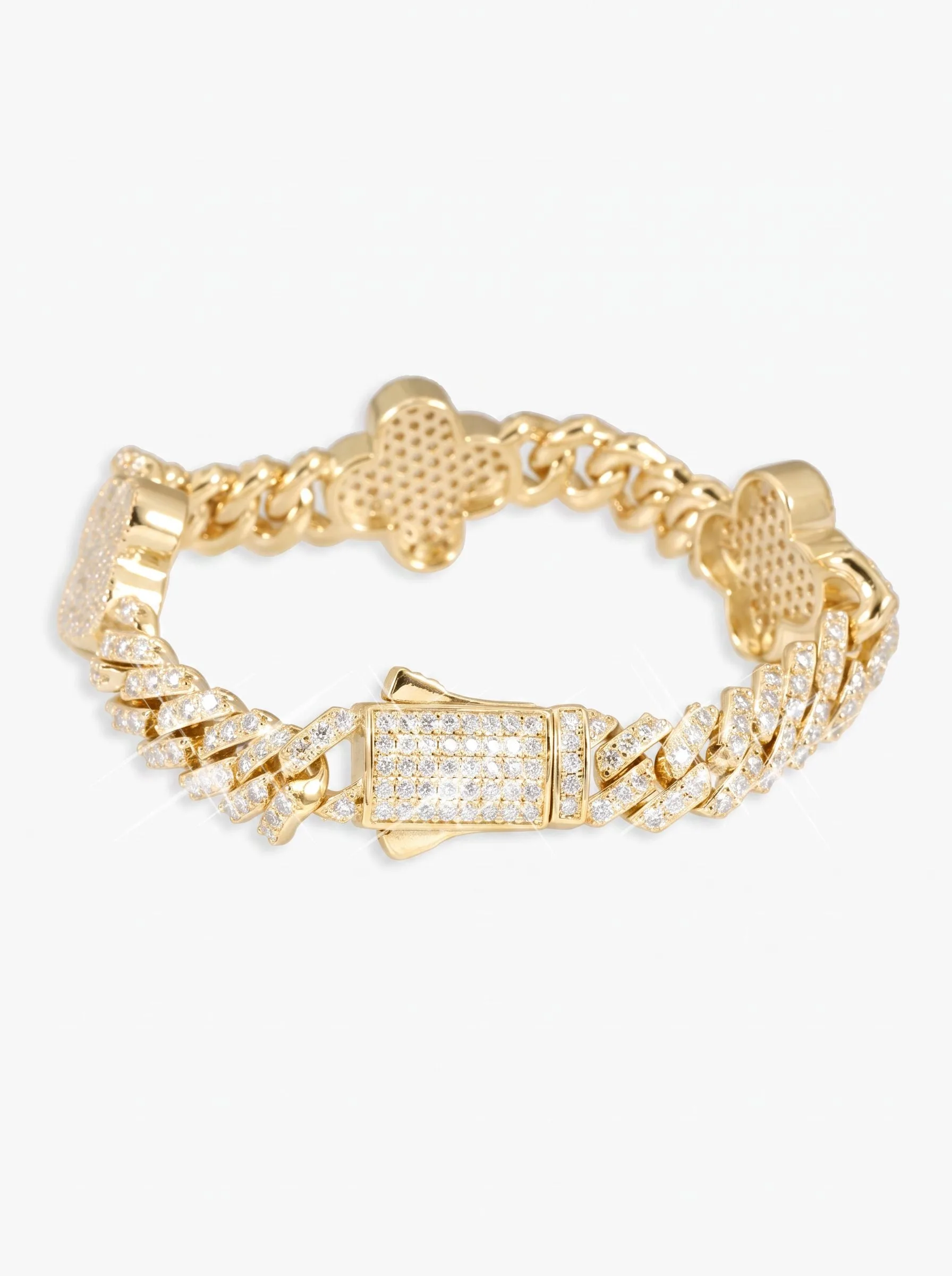 8MM Four Leaf Moissanite Cuban Link Bracelet 14K Gold (view 7 of 12)