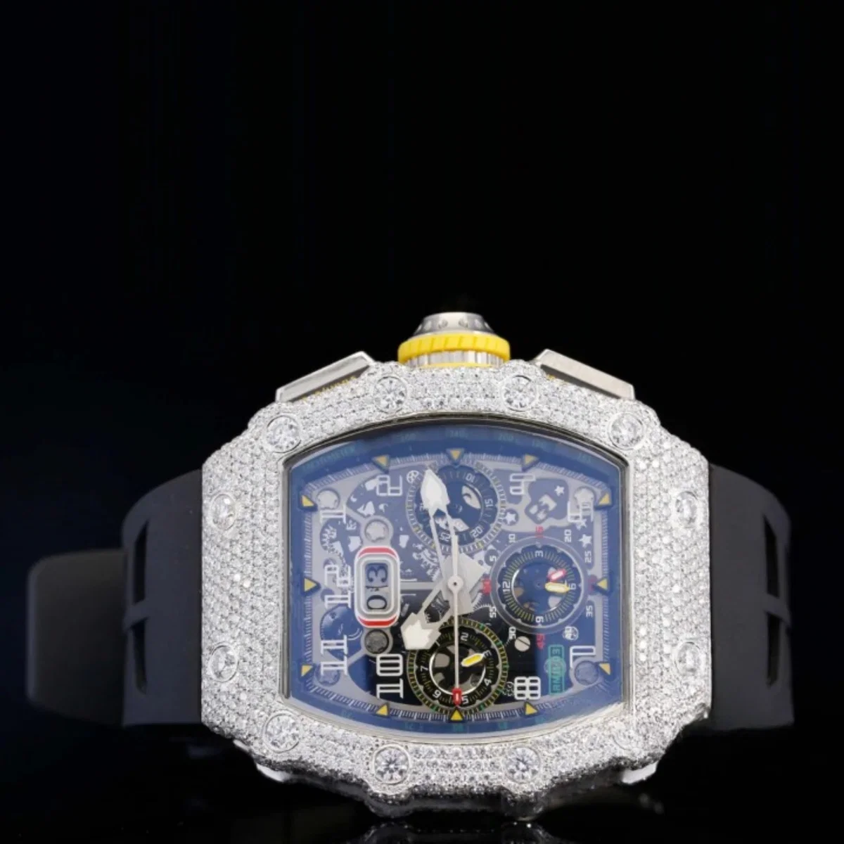 Aesthetic Automatic Moissanite Watch With Black Rubber Belt For Men