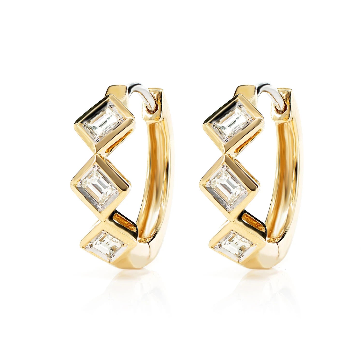 Alternating Baguette Diamond Hoop Earrings - in yellow gold