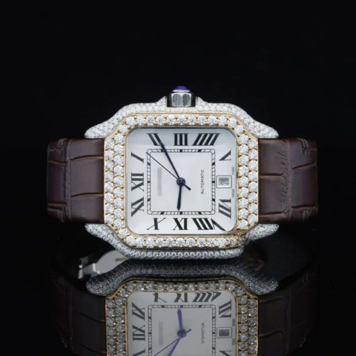 Amazing White Dial With Brown Leather Belt Moissanite Watch (view 4 of 5)
