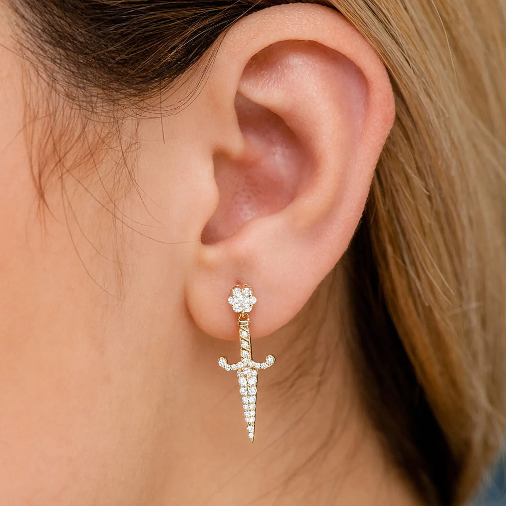 Ancient Sword Diamond Drops - earrings in yellow gold (view 2 of 6)