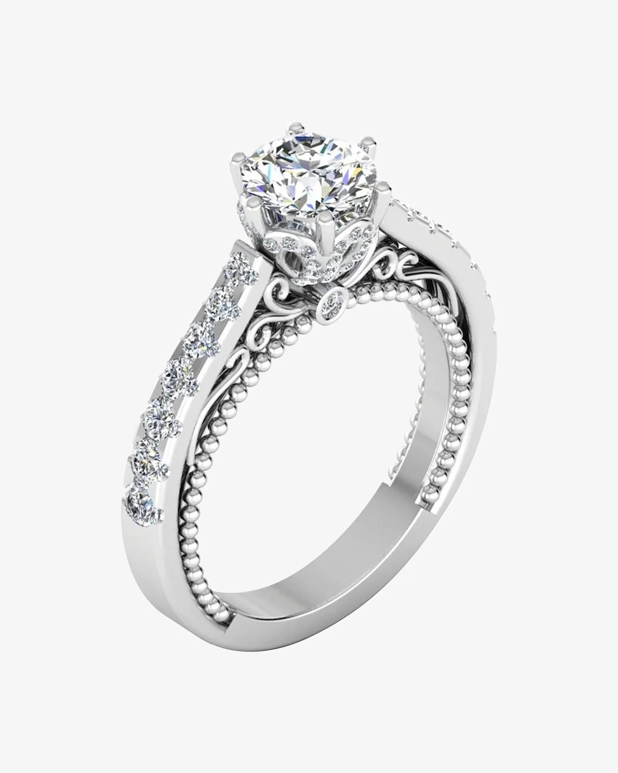Antique Style Cathedral Hidden Halo Moissanite Engagement Ring - in 14k gold (view 2 of 8)