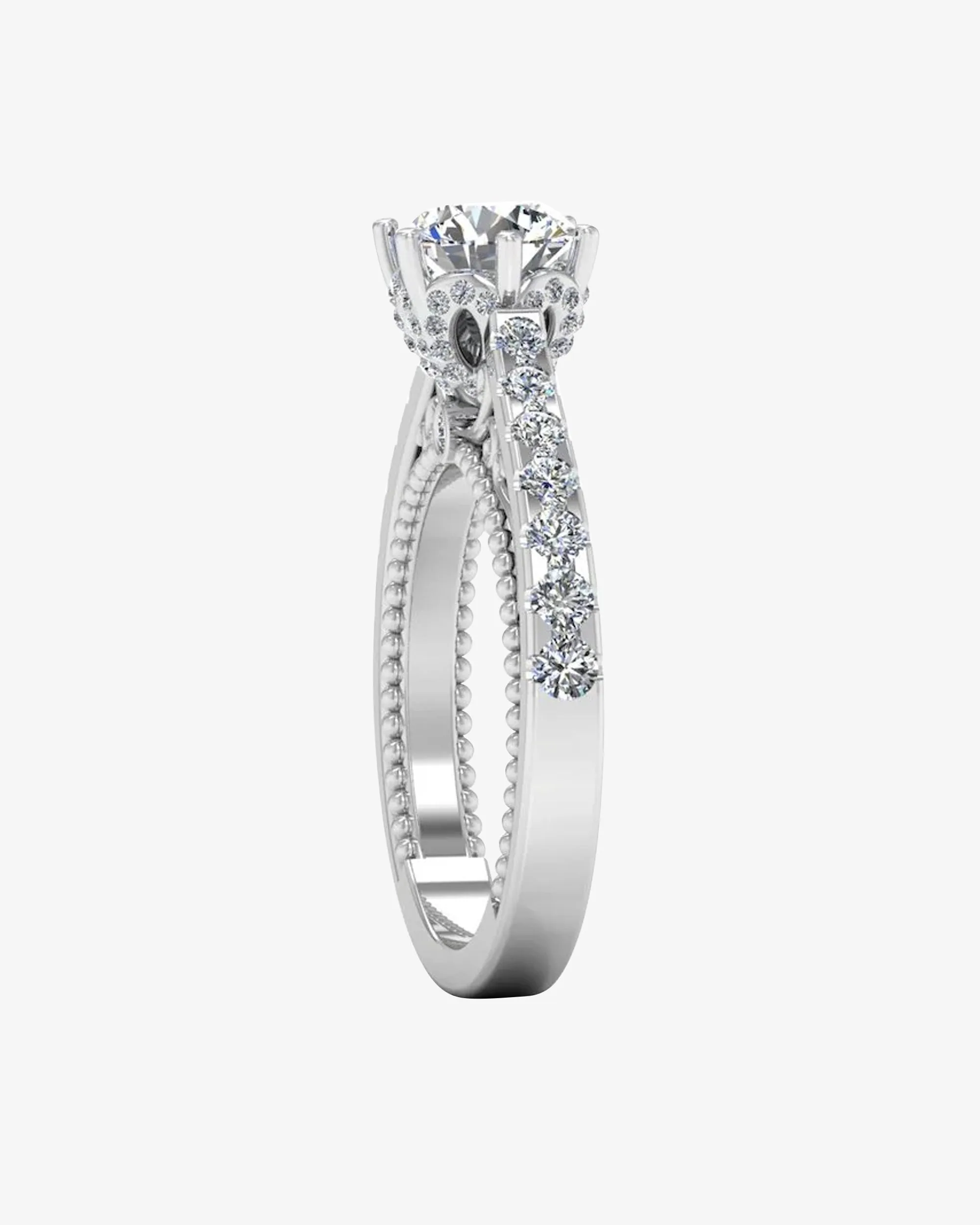 Antique Style Cathedral Hidden Halo Moissanite Engagement Ring - in 14k gold (view 4 of 8)
