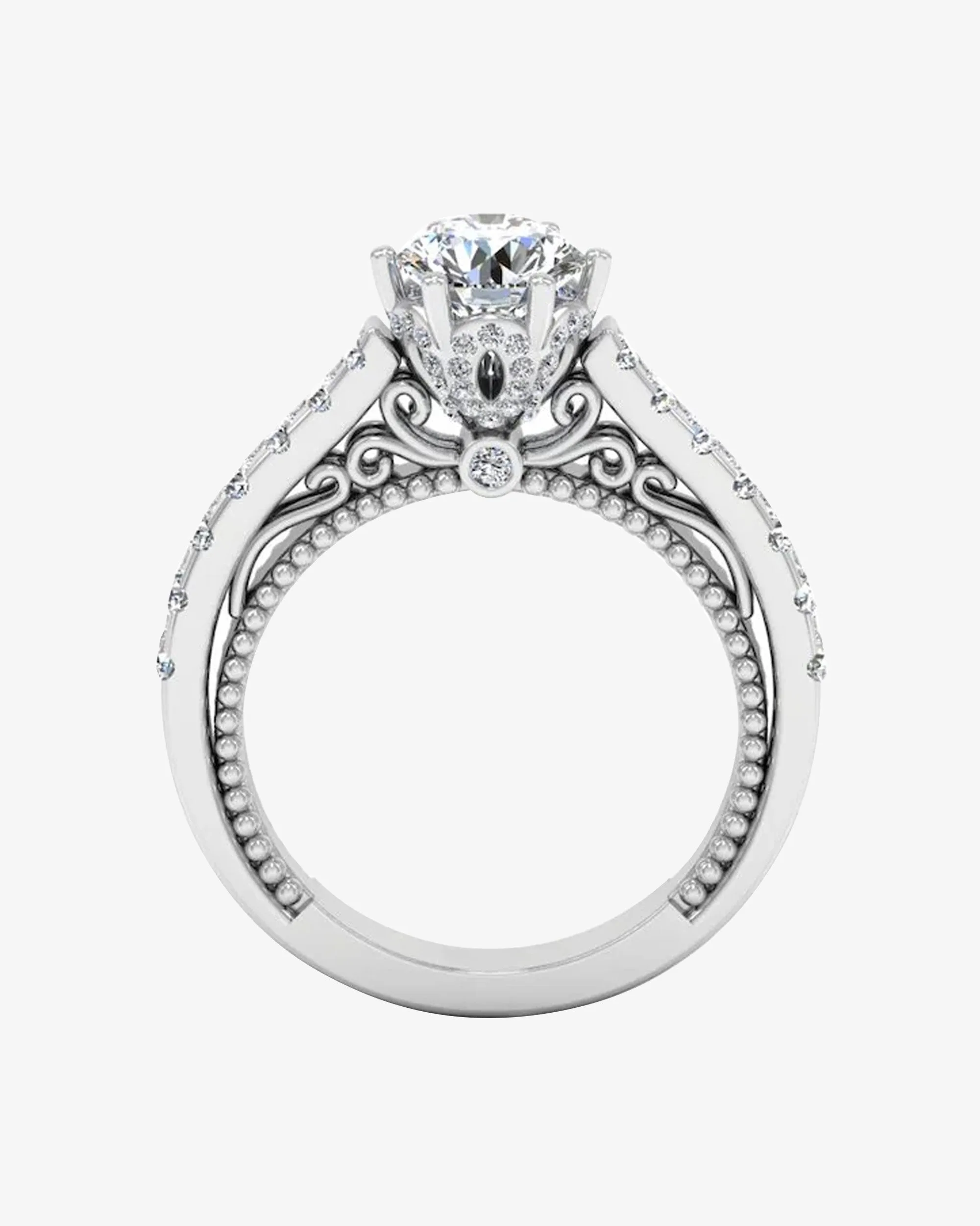 Antique Style Cathedral Hidden Halo Moissanite Engagement Ring - in 14k gold (view 6 of 8)