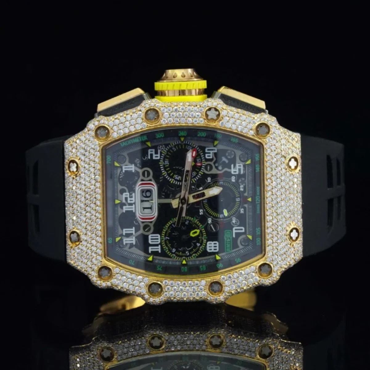 Attractive Iced Out Black Rubber Belt Automatic Moissanite Watch For Men