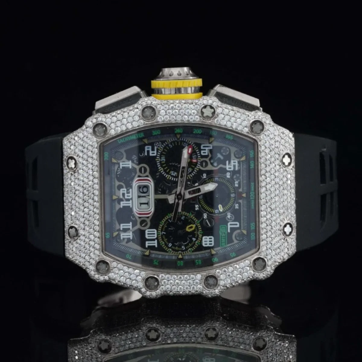 Attractive Iced Out Black Rubber Belt Automatic Moissanite Watch For Men (view 3 of 6)