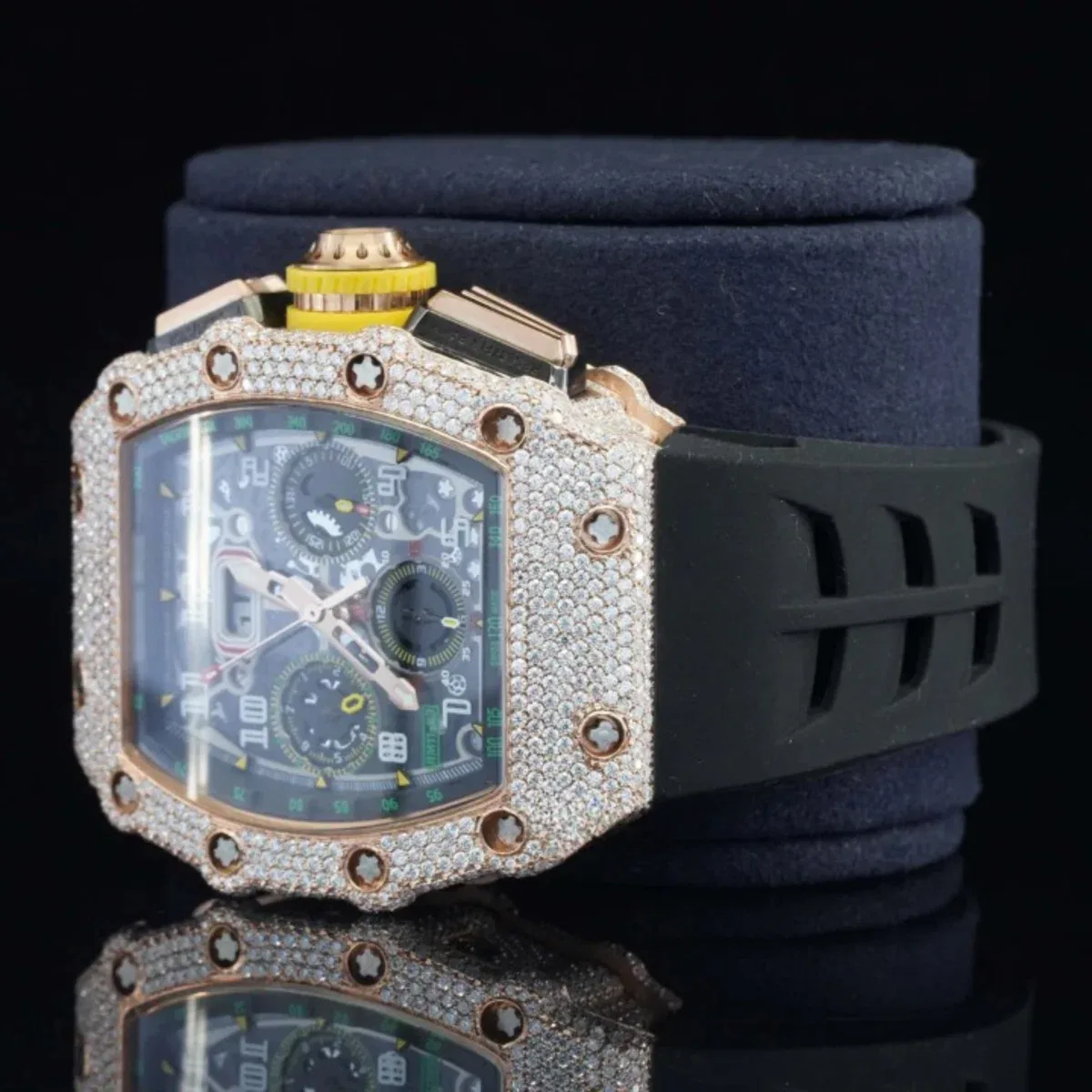 Attractive Iced Out Black Rubber Belt Automatic Moissanite Watch For Men (view 5 of 6)