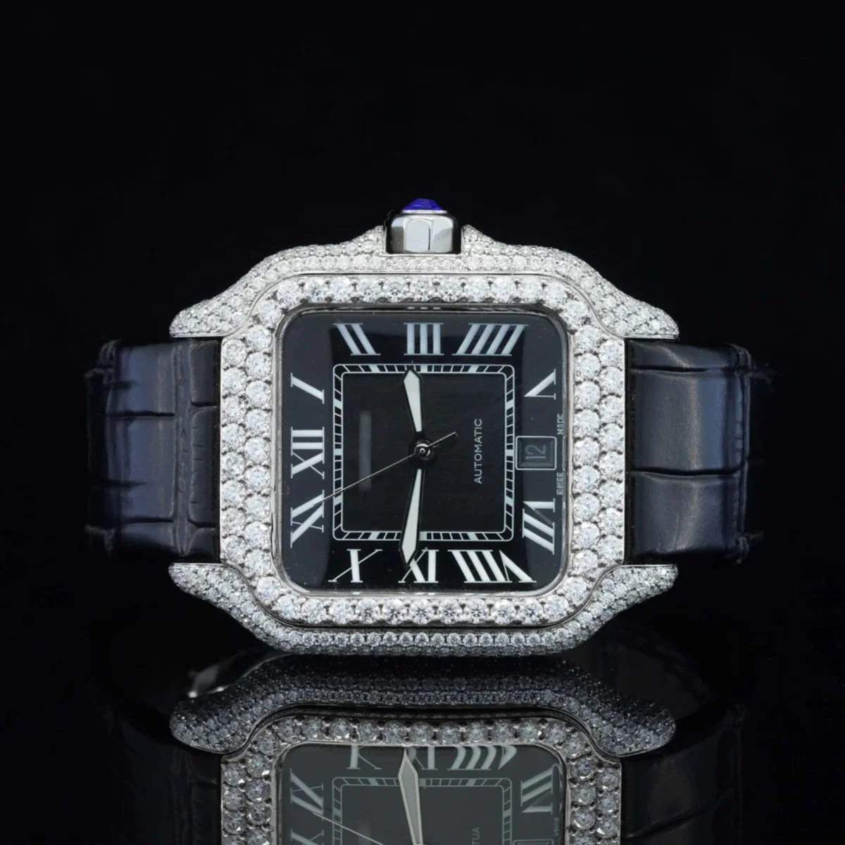 Awesome Black Dial And Leather Belt Moissanite Watch