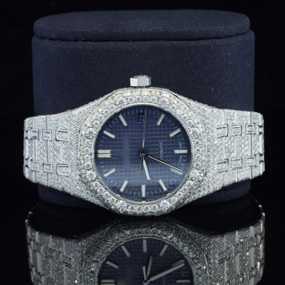 Awesome Blue Dial Iced Out Moissanite Watch For Men
