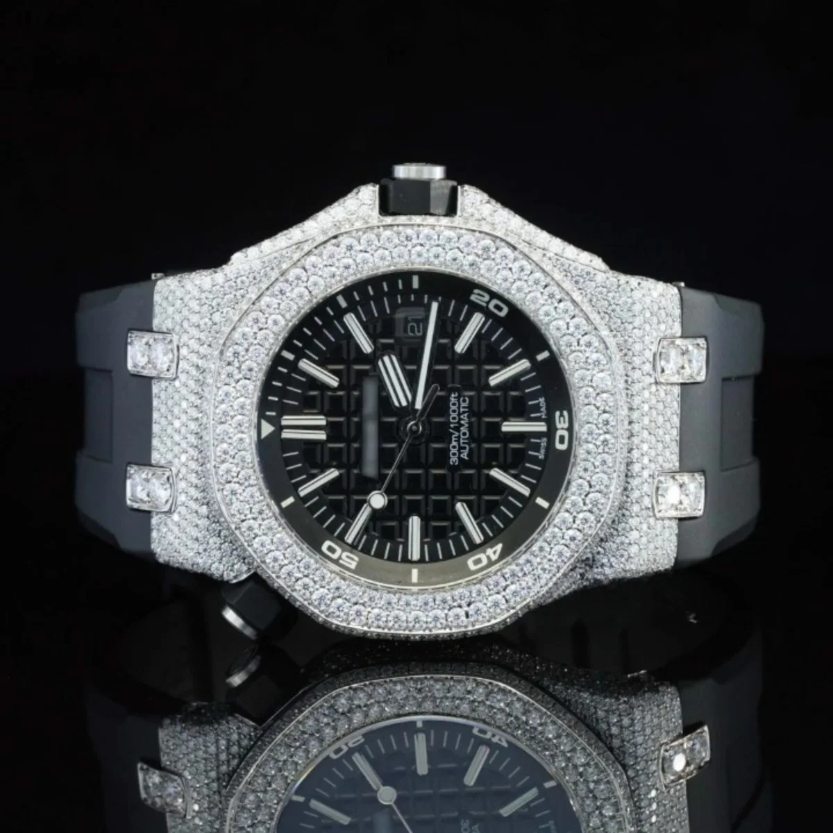 Awesome Two Tone Black Rubber Belt Moissanite Watch For Men