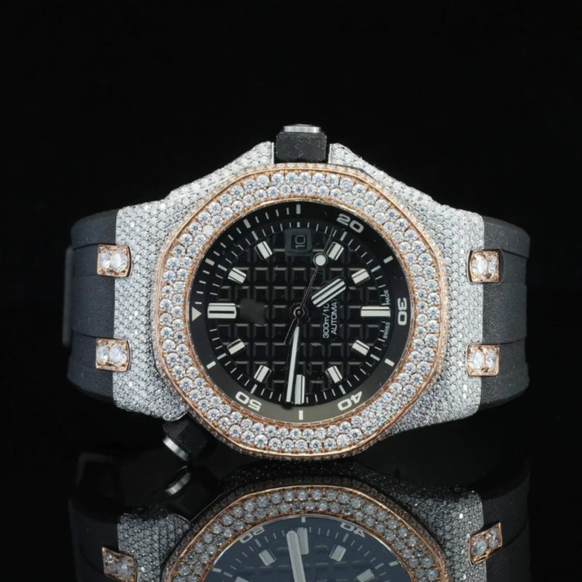 Awesome Two Tone Black Rubber Belt Moissanite Watch For Men (view 3 of 6)