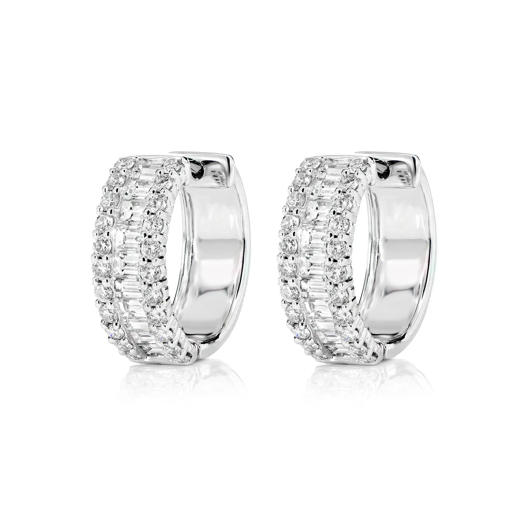 Baguette and Round Border Diamond Hoop Earrings - in white gold