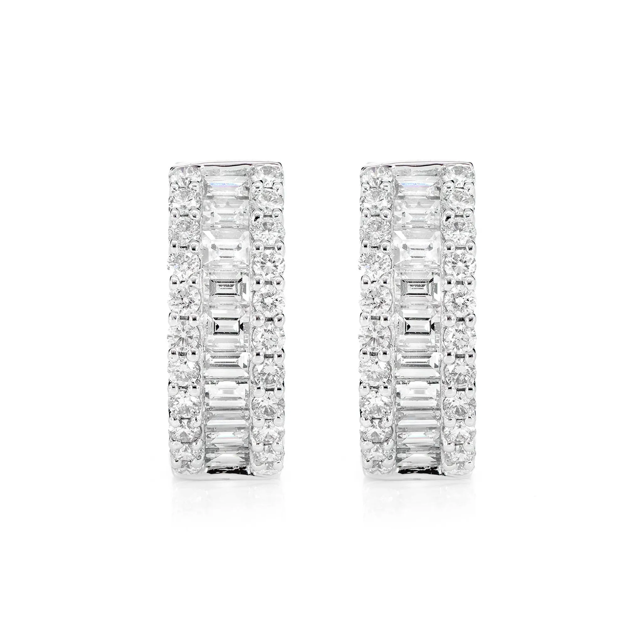Baguette and Round Border Diamond Hoop Earrings - in white gold (view 3 of 3)