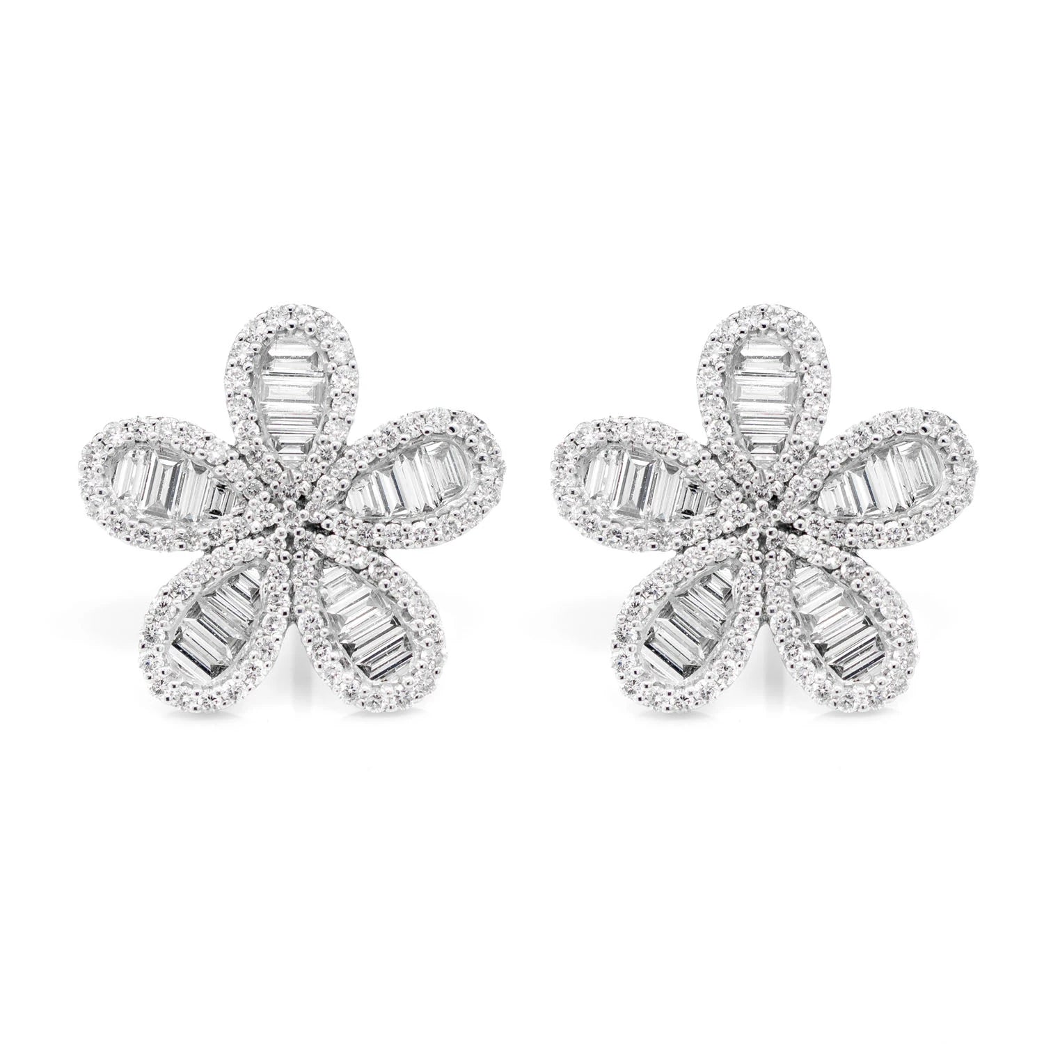 Baguette and Round Border Flower Diamond Stud Earrings - in white gold