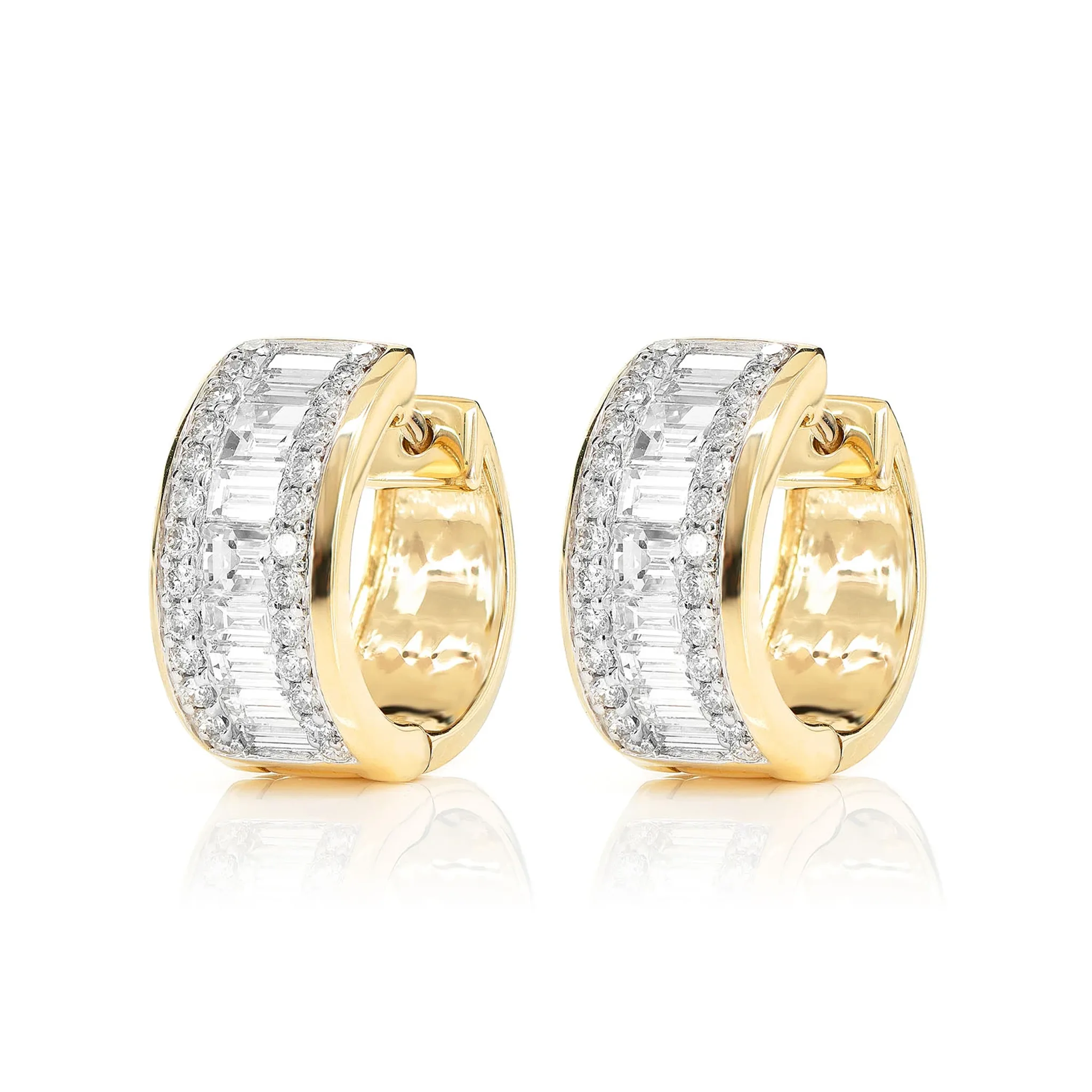 Baguette and Round Diamond Border Hoop Earrings - in yellow gold