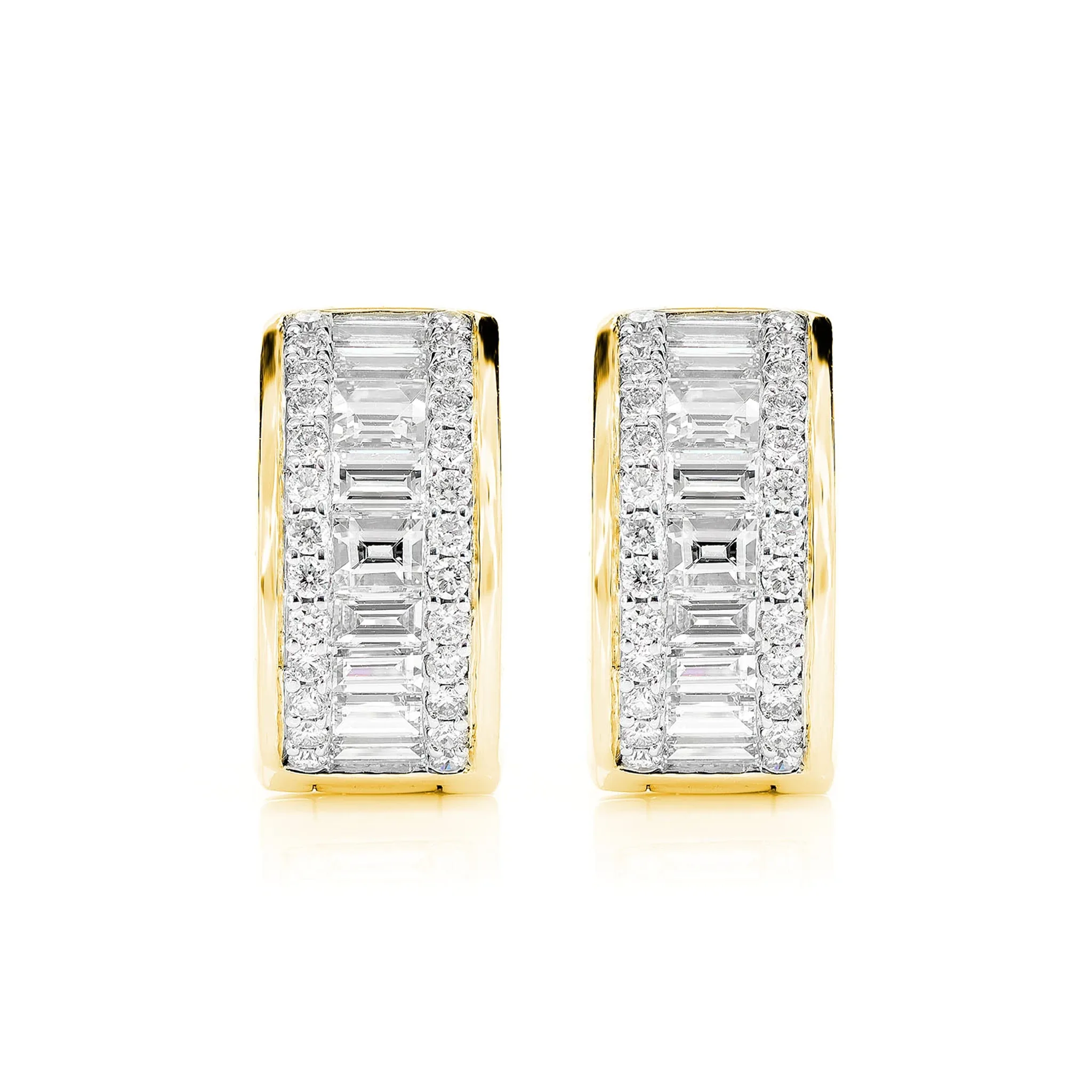 Baguette and Round Diamond Border Hoop Earrings - in yellow gold (view 3 of 9)