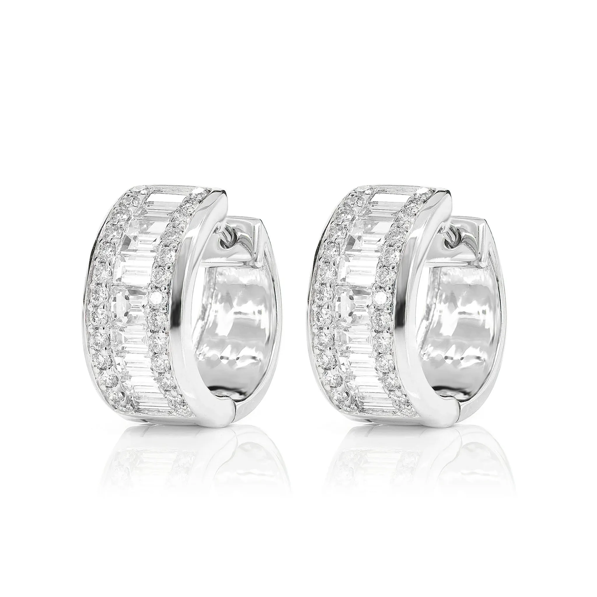 Baguette and Round Diamond Border Hoop Earrings - in yellow gold (view 4 of 9)