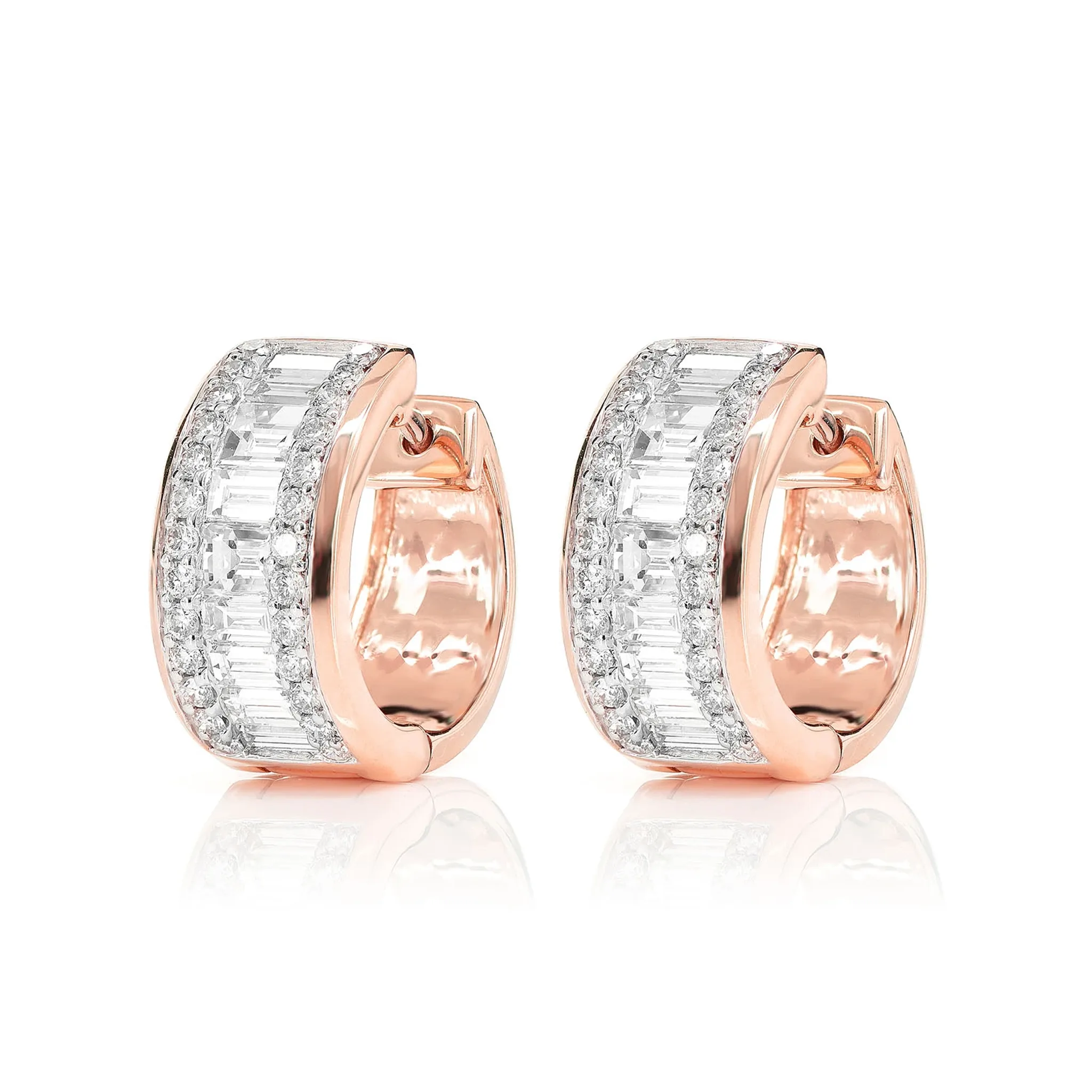 Baguette and Round Diamond Border Hoop Earrings - in yellow gold (view 7 of 9)