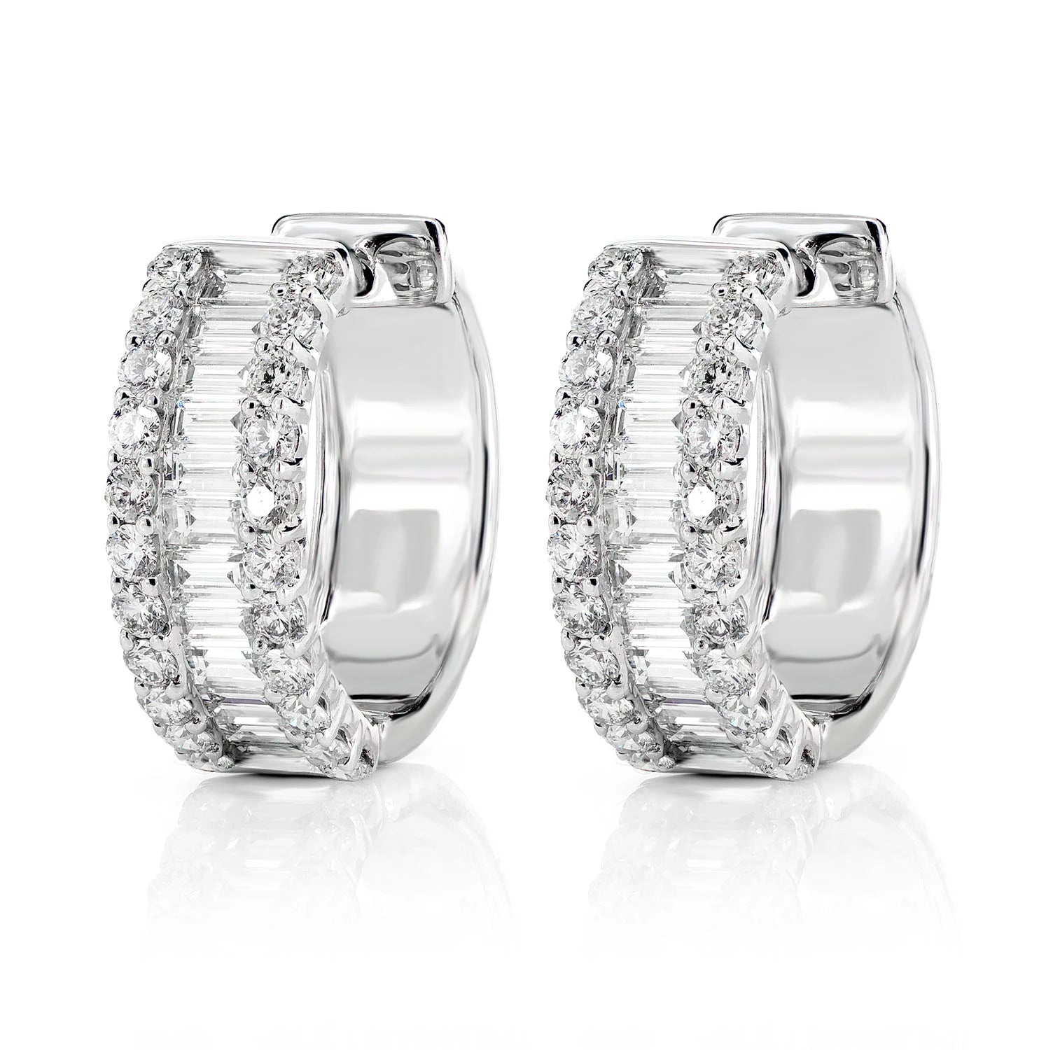 Baguette Diamond and Round Border Hoop Earrings - in white gold