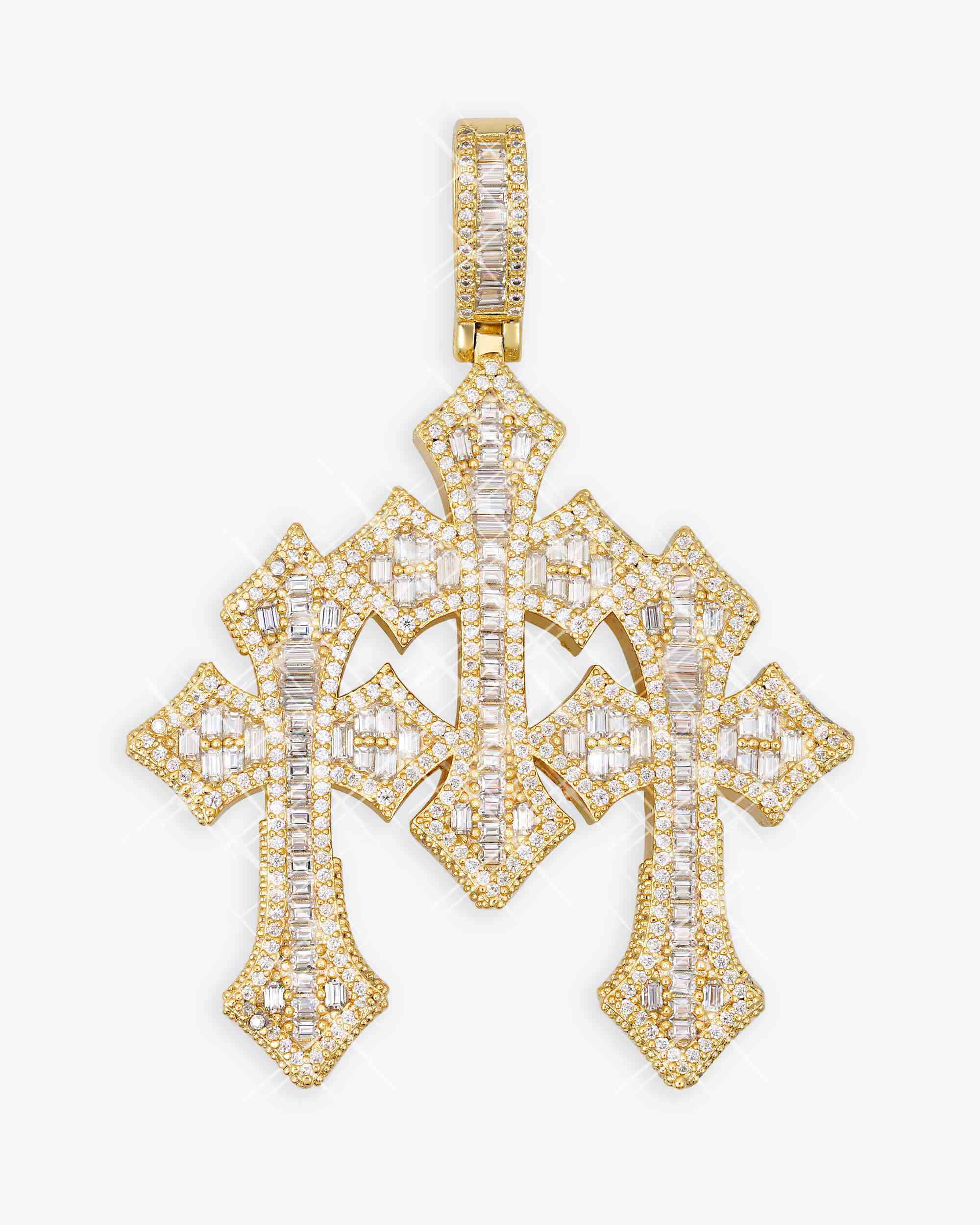 Baguette Moissanite Triple Ornamental Cross Pendant 14K Gold (view 4 of 10)