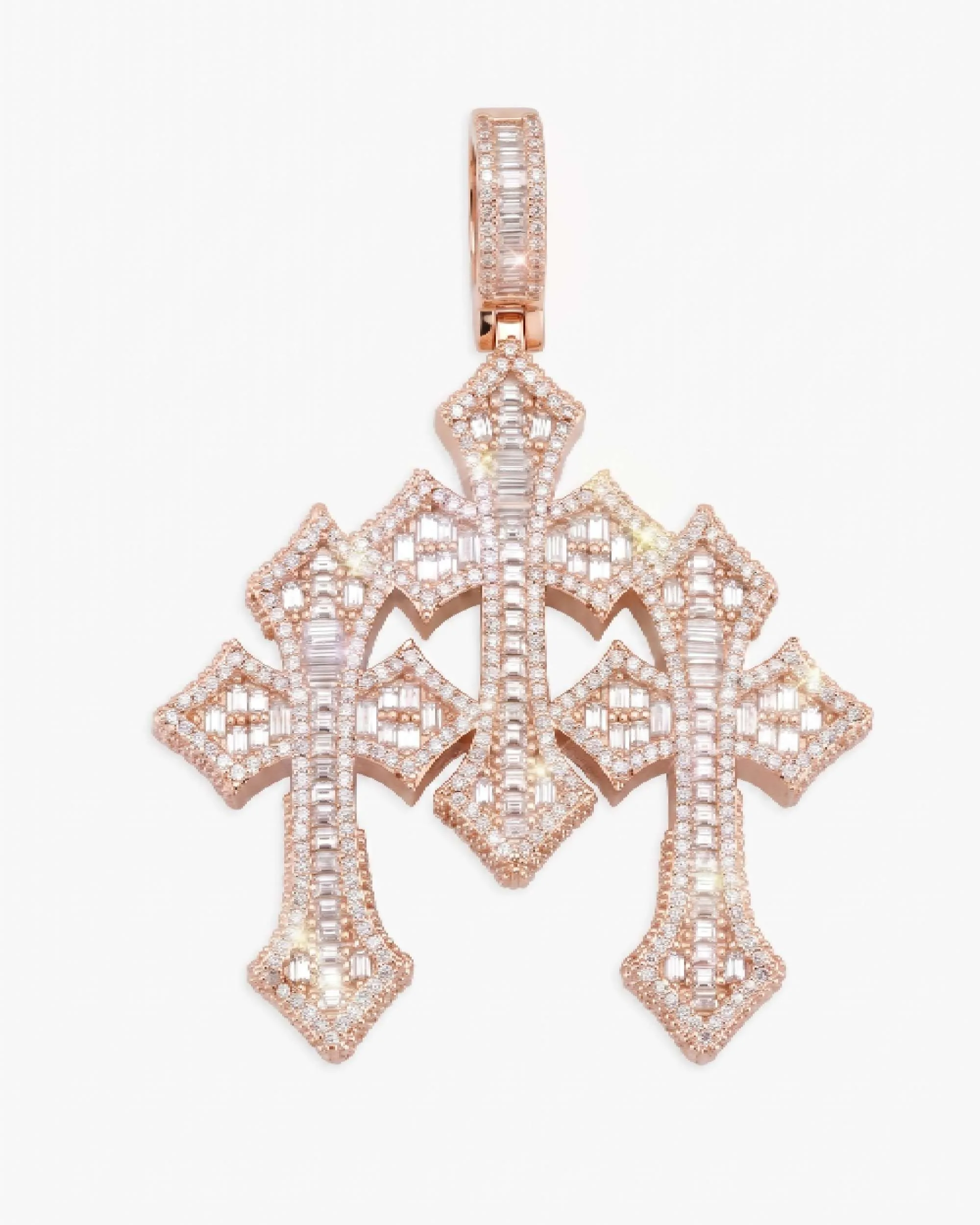 Baguette Moissanite Triple Ornamental Cross Pendant 14K Gold (view 7 of 10)
