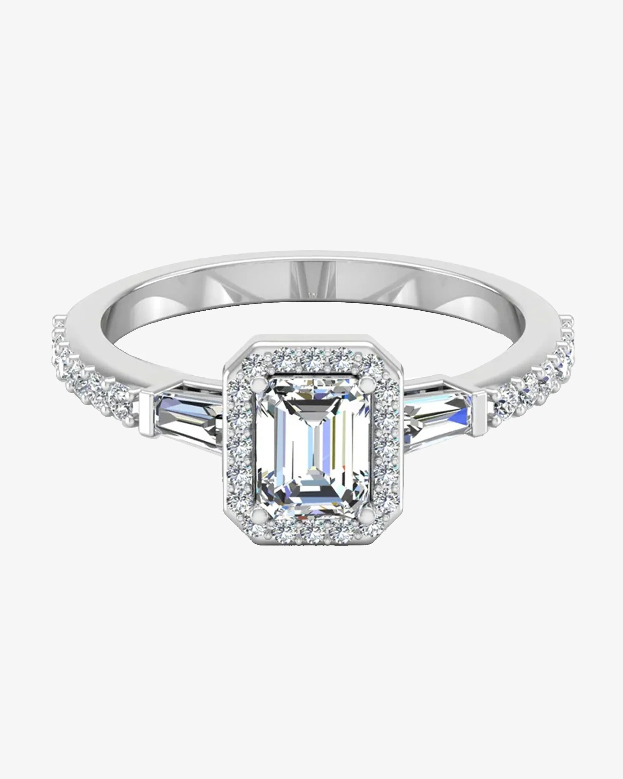 Baguette & Round Cut Halo Moissanite Engagement Ring - in 14k gold (view 2 of 8)