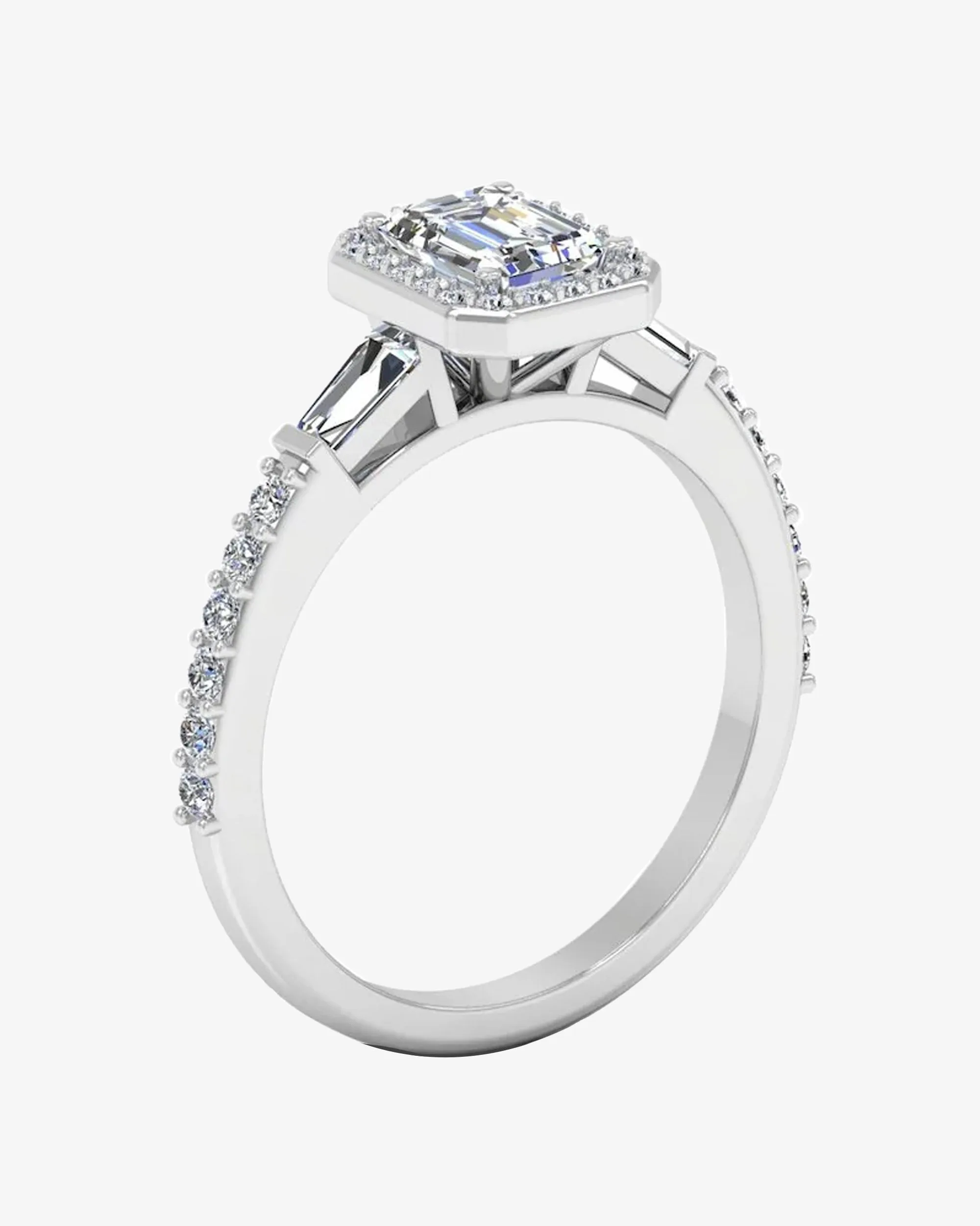 Baguette & Round Cut Halo Moissanite Engagement Ring - in 14k gold (view 3 of 8)