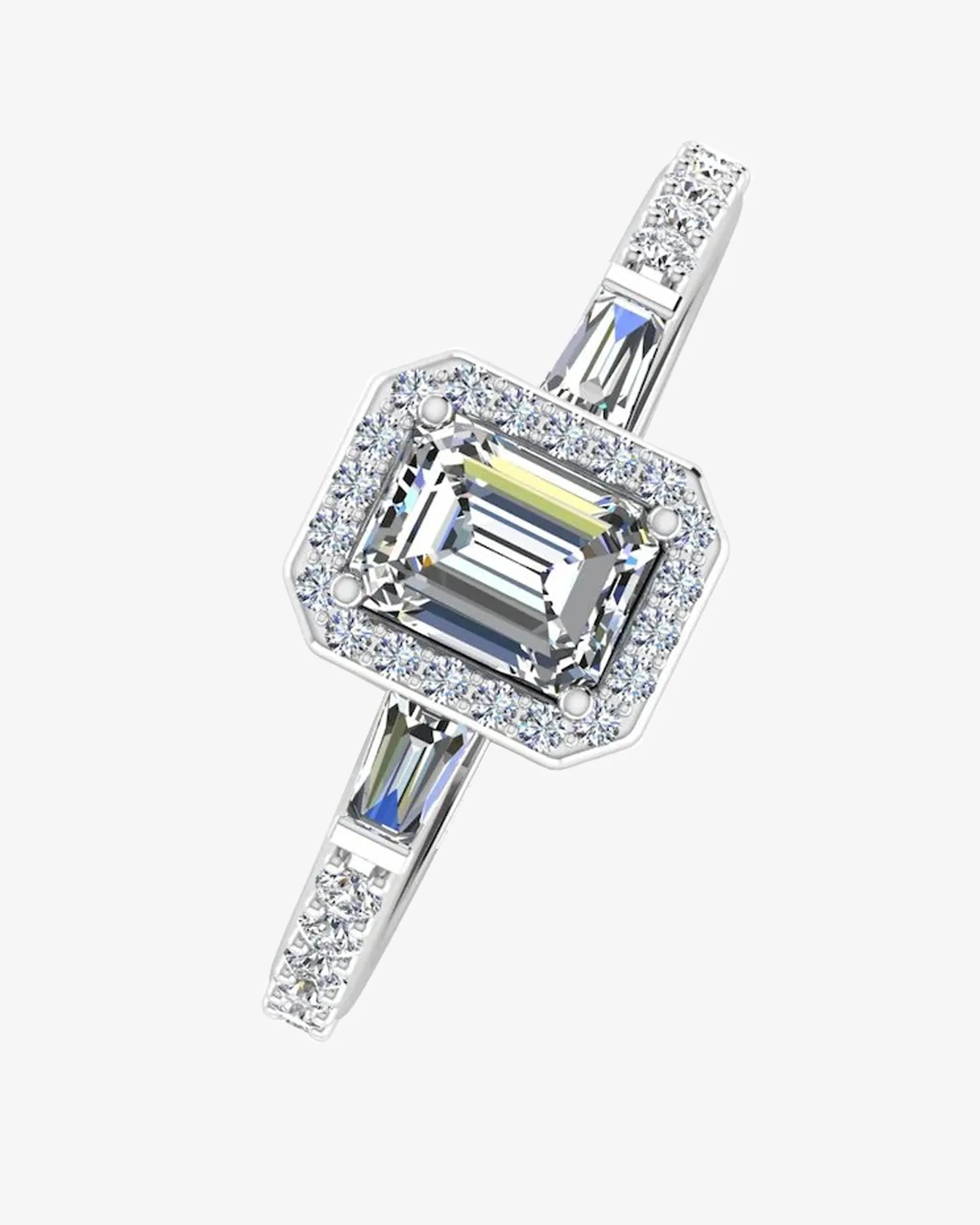Baguette & Round Cut Halo Moissanite Engagement Ring - in 14k gold (view 4 of 8)