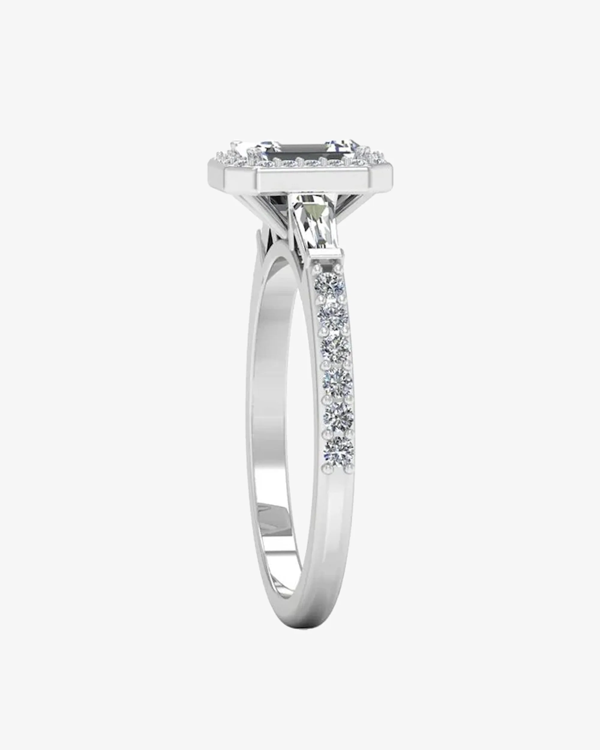 Baguette & Round Cut Halo Moissanite Engagement Ring - in 14k gold (view 5 of 8)