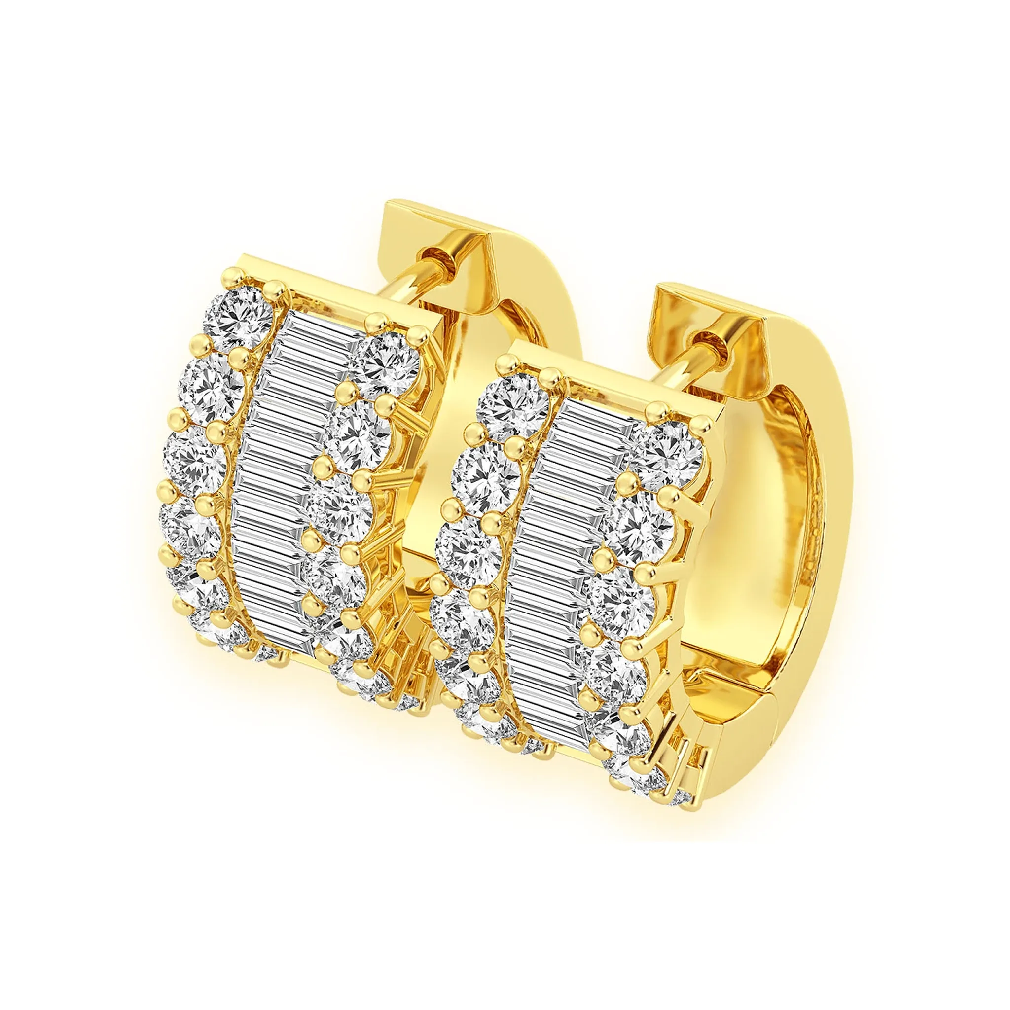Baguette & Round Diamond Hoop Earrings - in yellow gold