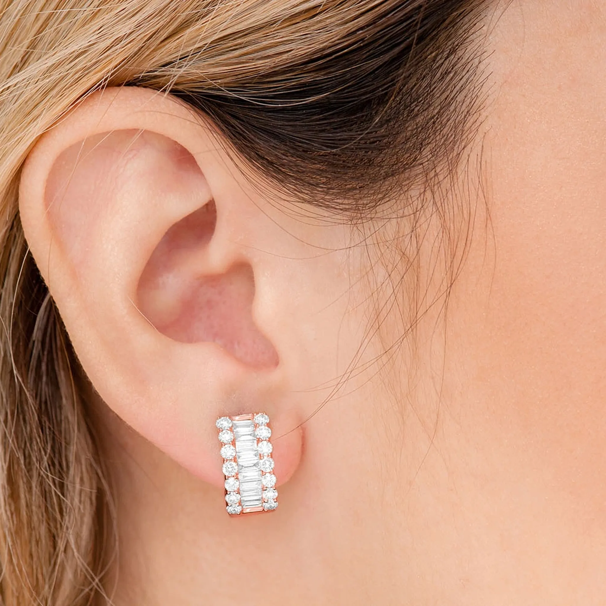 Baguette & Round Diamond Hoop Earrings - in yellow gold (view 9 of 9)