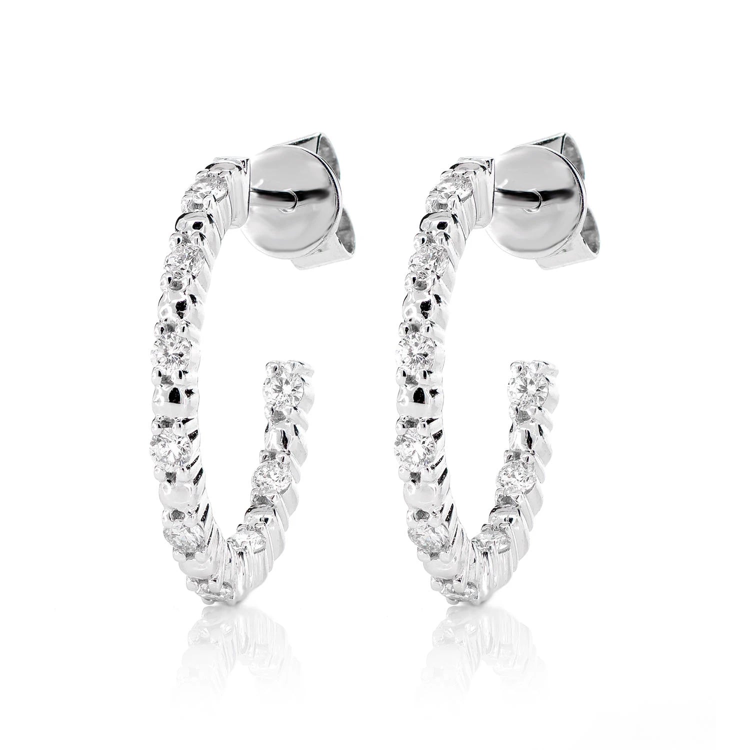 Bead and Round Diamond Inside Out Hoop Earrings - in white gold