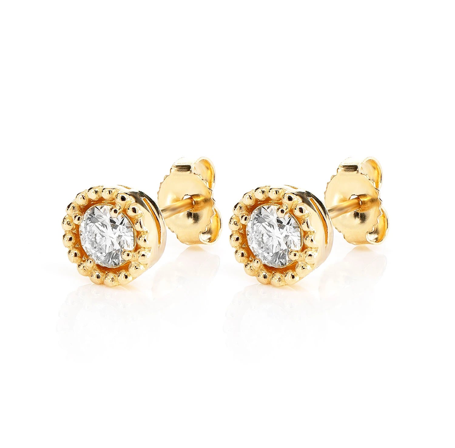 Beaded Solitaire Diamond Stud Earrings - in yellow gold (view 3 of 9)