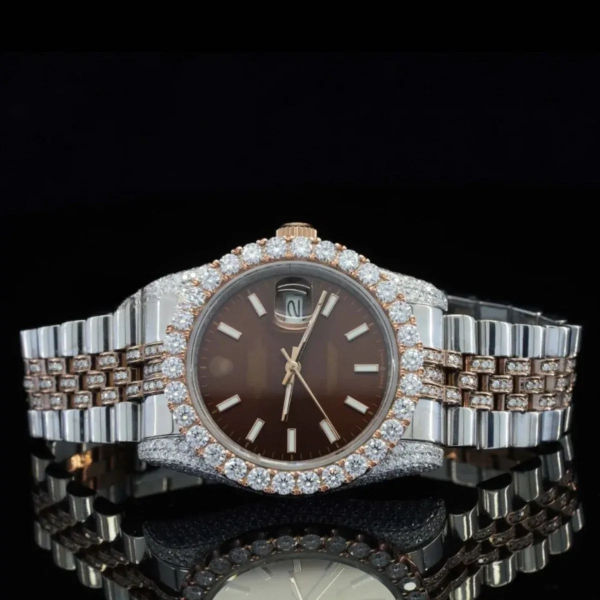 Best Brown Dial Iced Out Automatic Movement Moissanite Watch
