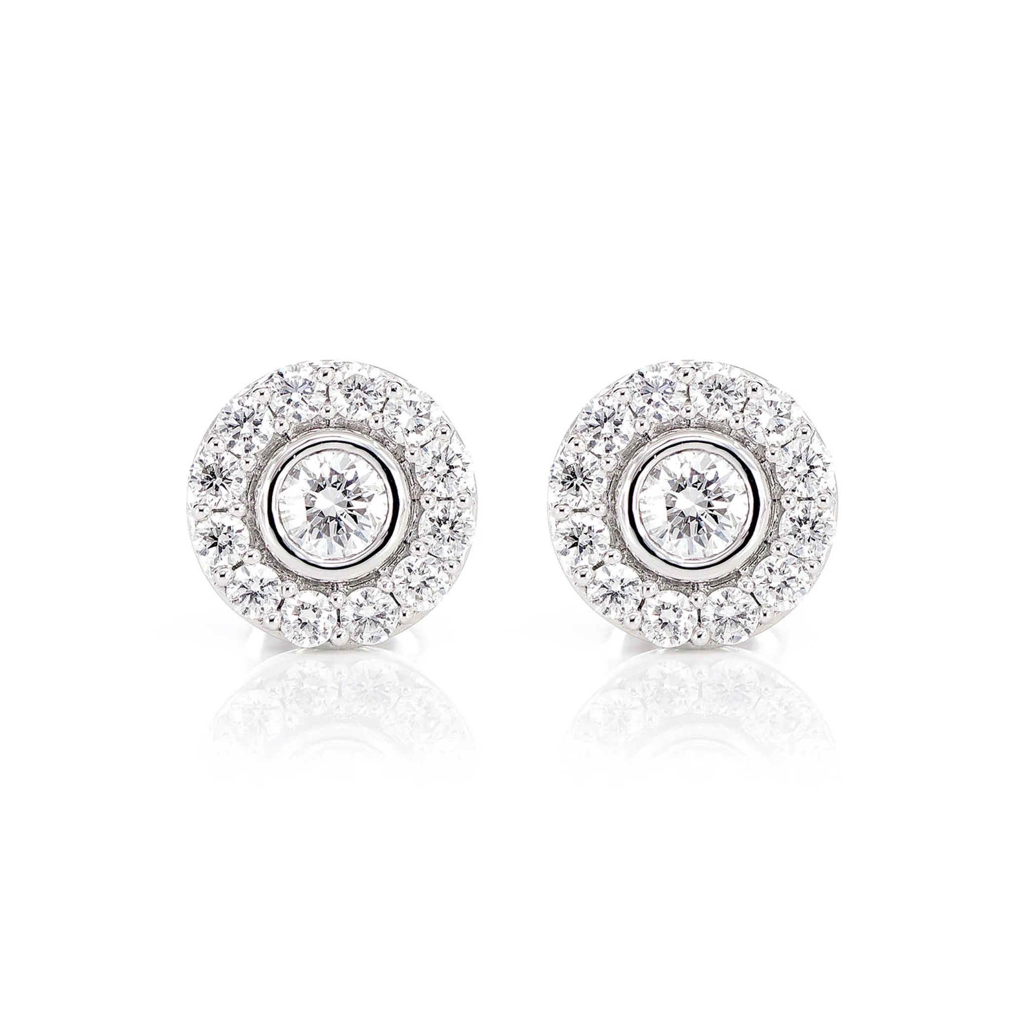 Bezel Set Halo Diamond Stud Earrings - in white gold