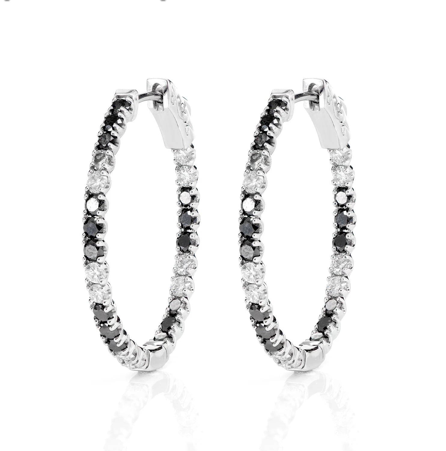 Black and White Diamond Inside Outside Oval Hoop Earrings - in white gold