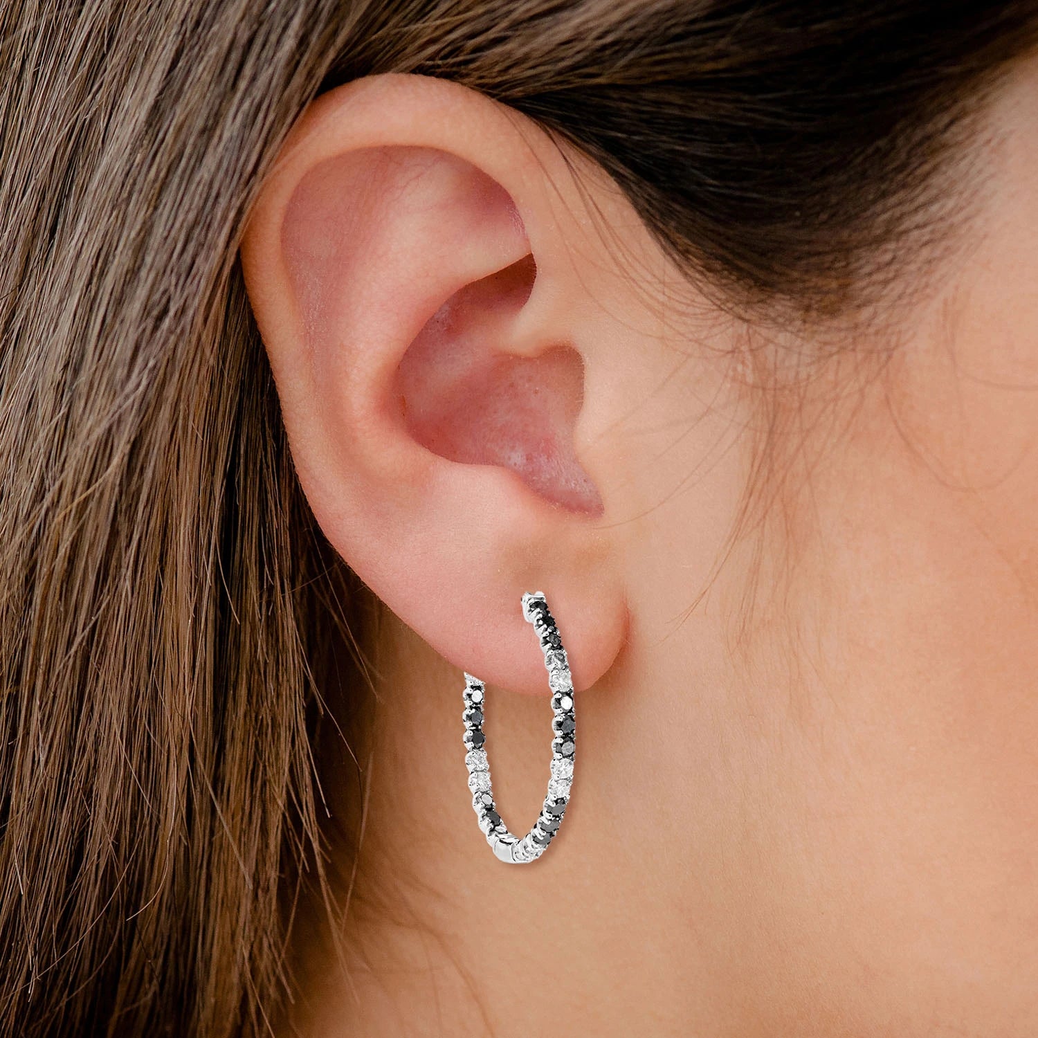 Black and White Diamond Inside Outside Oval Hoop Earrings - in white gold (view 2 of 2)