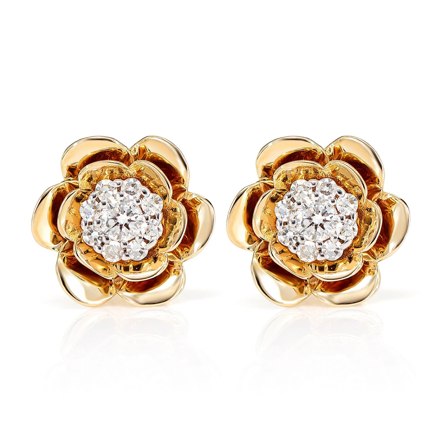 Bloomed Flower Diamond Cluster Stud Earrings - in yellow gold
