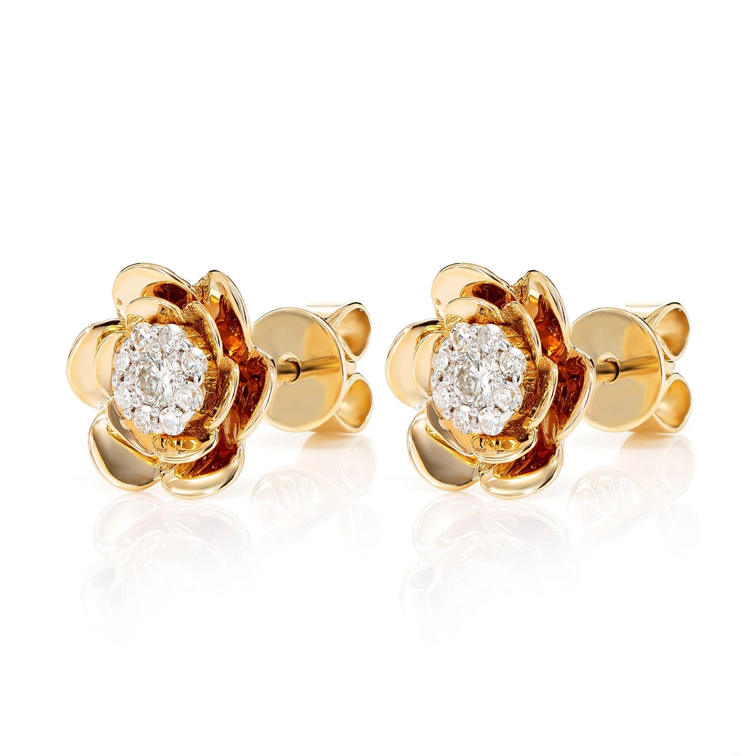 Bloomed Flower Diamond Cluster Stud Earrings - in yellow gold (view 3 of 9)