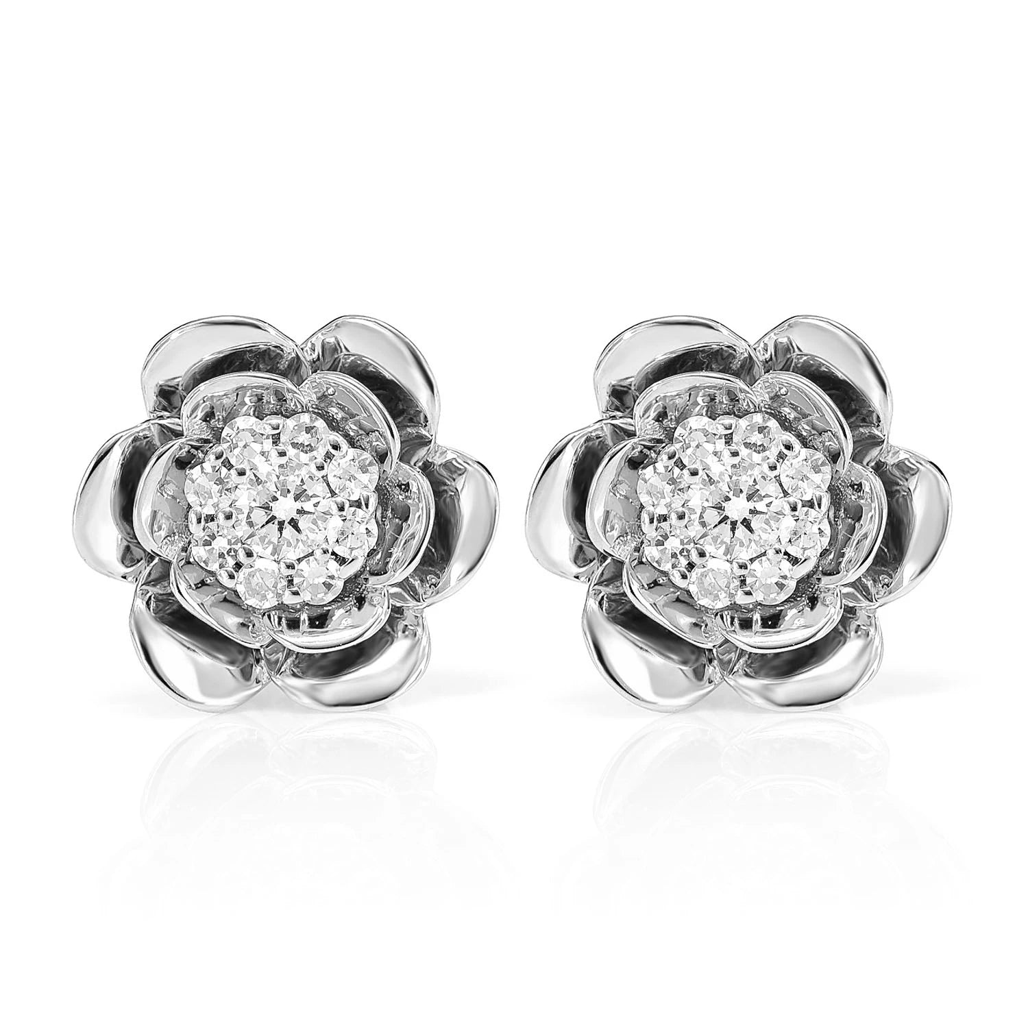 Bloomed Flower Diamond Cluster Stud Earrings - in yellow gold (view 4 of 9)