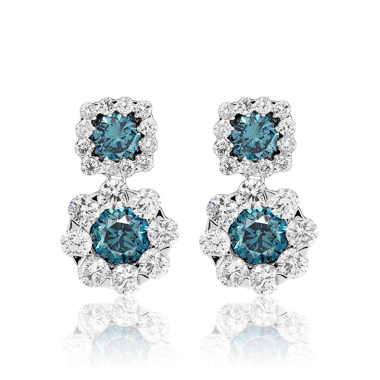 Blue Halo Dangling Stud Earrings - lab grown diamond in white gold