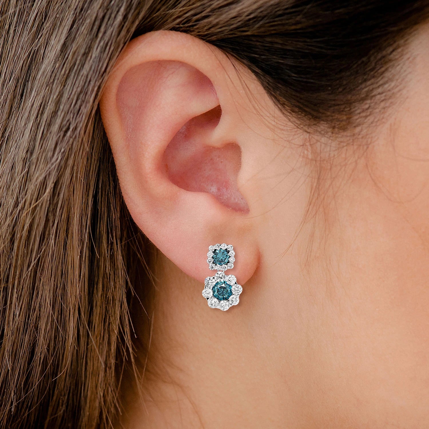 Blue Halo Dangling Stud Earrings - lab grown diamond in white gold (view 2 of 2)