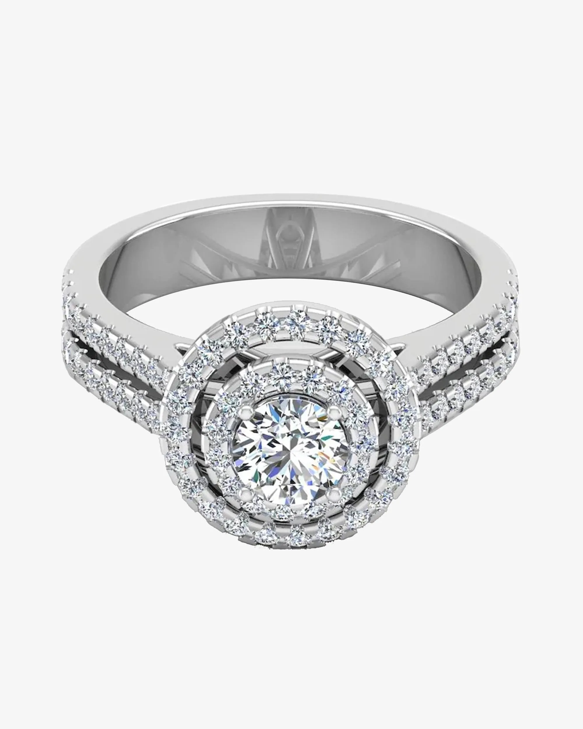 Brilliant Cut Double Halo Split Shank Moissanite Engagement Ring - in 14k gold (view 2 of 8)