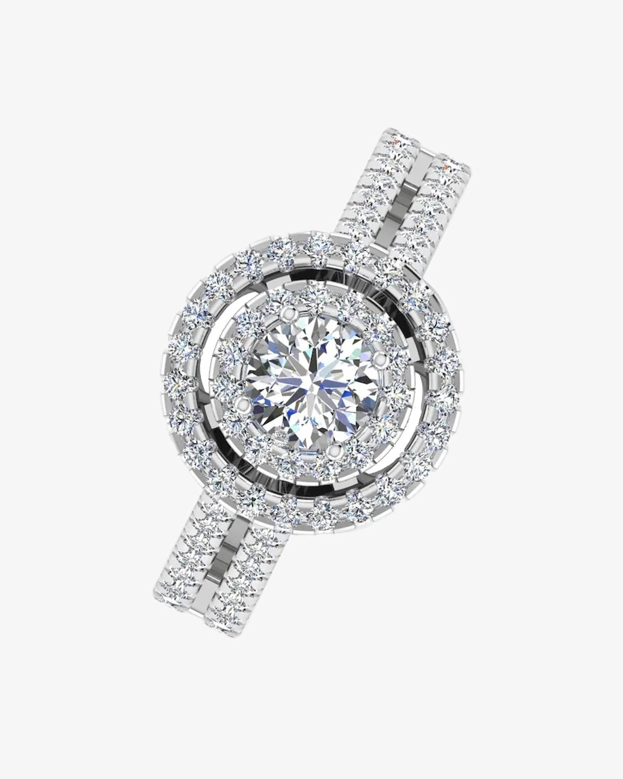 Brilliant Cut Double Halo Split Shank Moissanite Engagement Ring - in 14k gold (view 4 of 8)