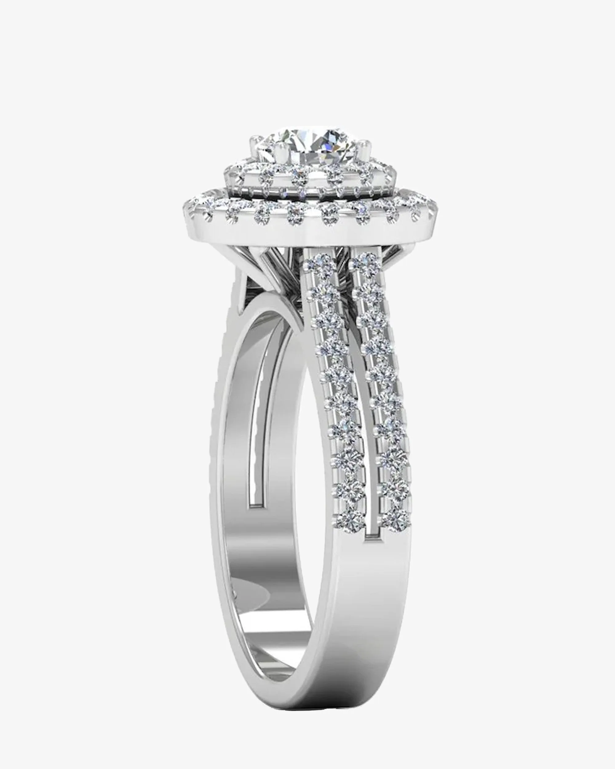 Brilliant Cut Double Halo Split Shank Moissanite Engagement Ring - in 14k gold (view 5 of 8)
