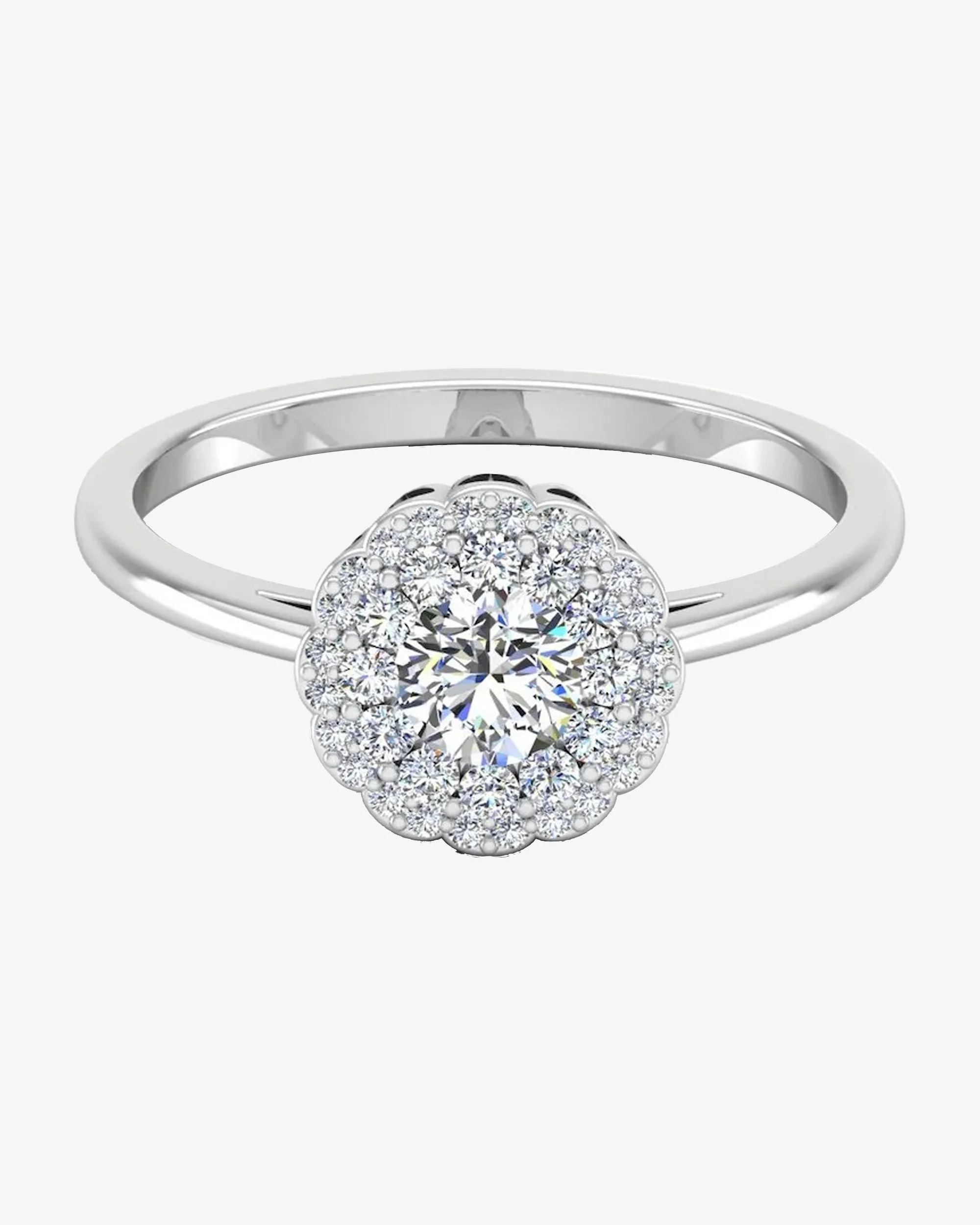 Brilliant Cut Floral Halo Petite Moissanite Engagement Ring - in 14k gold (view 2 of 8)